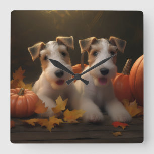 Horloge Carrée Fil Fox Terrier Puppy Automne Citrouille de plaisi