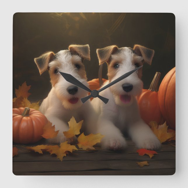 Horloge Carrée Fil Fox Terrier Puppy Automne Citrouille de plaisi (Recto)