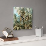 Horloge Carrée Filicinae par Ernst Haeckel, plantes de fougères a<br><div class="desc">Illustration ancienne de la nature,  conception botanique par Ernst Haeckel présentant une conception de forêt tropicale humide. Une variété de fougères exotiques dans une jungle. Les fougères sont des plantes vasculaires qui n'ont ni graines ni fleurs,  elles se reproduisent via des spores.</div>