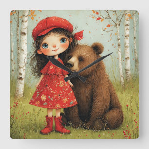 Horloge Carrée Fille adorable et ours dans une forêt fantaisiste