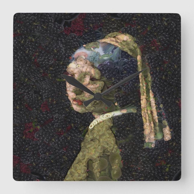 Horloge Carrée Fille Avec Une Fraise Élevant Beau Art Spoof (Recto)