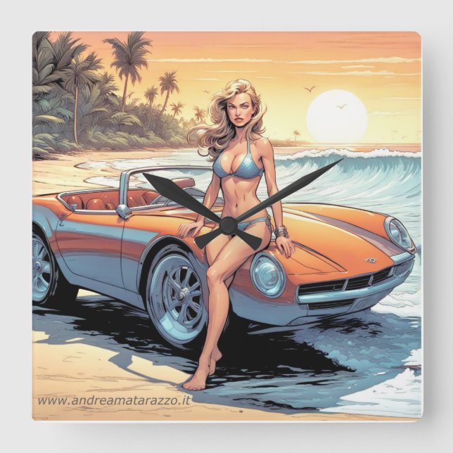 Horloge Carrée Fille avec voiture de sport (Recto)