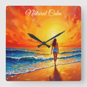 Horloge Carrée Fille coucher de soleil promenade décor des vagues