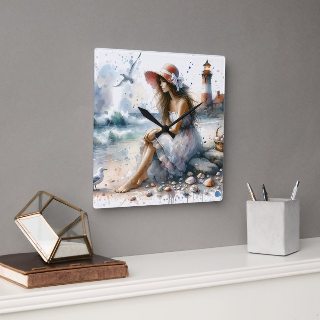 Horloge Carrée Fille d'aquarelle romantique par phare (Bureau)