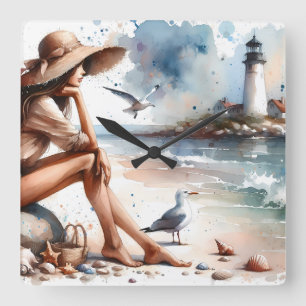 Horloge Carrée Fille de la plage côtière et phare