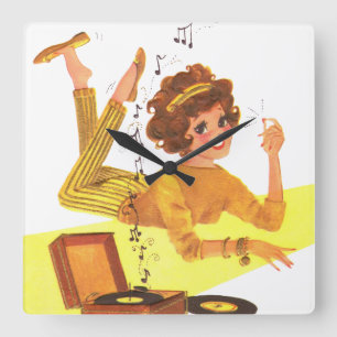 Horloge Carrée fille de musique des années 60