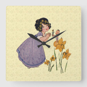 Horloge Carrée Fille Elf Fairy Daffodil Antique Pâques