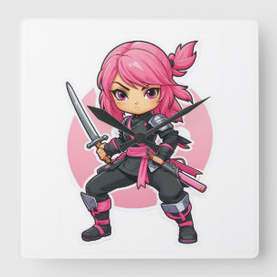 Horloge Carrée Fille Ninja rose