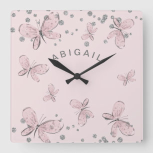 Horloge Carrée Fille Papillon Rose Pailleté Argent Nom Personnali