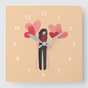 Horloge Carrée Fille rose mignonne avec ballons cardiaques