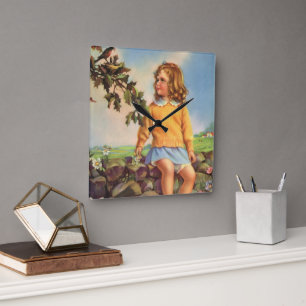 Horloge Carrée Fille Vintage Regardant des Oiseaux dans un Arbre,