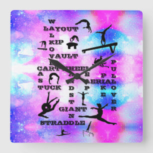 Horloge Carrée Filles Compétences en gymnastique Acrylique Mur Ho