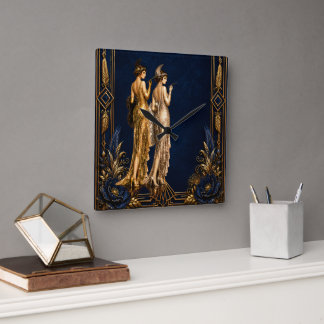 Horloge Carrée Filles flapper Art Déco bleu or Gatsby découpage