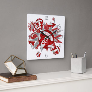 Horloge Carrée filles rouge blanc volleyballs étoiles nom personn