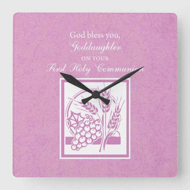 Horloge Carrée Filleule Première Communion, Rose (Recto)