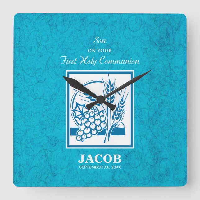 Horloge Carrée Fils, Première Communion, Blé, Raisins Bleu (Recto)