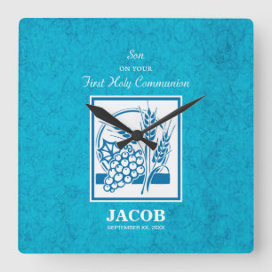 Horloge Carrée Fils, Première Communion, Blé, Raisins Bleus