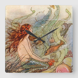 Horloge Carrée Fine Art Mermaid Ilustration Poster