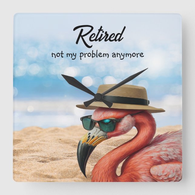 Horloge Carrée Flamant rose à la retraite sur la plage avec Casqu (Recto)