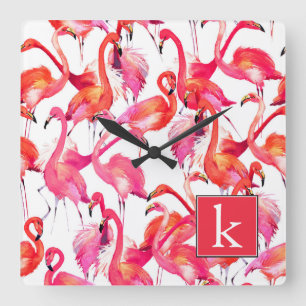 Horloge Carrée Flamant rose Aquarelle En Aquarelles   Ajouter Vot