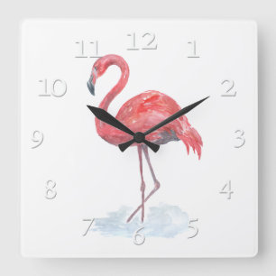 Horloge Carrée Flamant rose d'aquarelle rose.