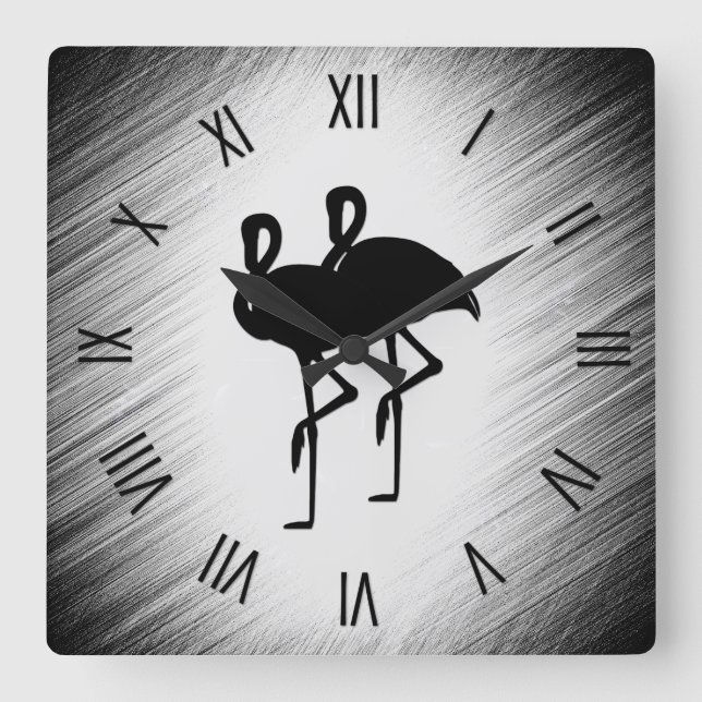 Horloge Carrée Flamant rose noir et blanc (Recto)