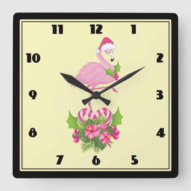 Horloge Carrée Flamant rose rose à Santa Hat Noël Whimsical (Recto)