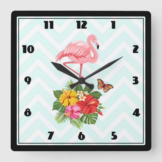 Horloge Carrée Flamant rose rose & Hibiscus Tropical Fancy (Recto)
