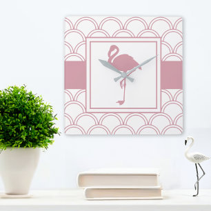 Horloge Carrée Flamant rose rose rosé Art déco
