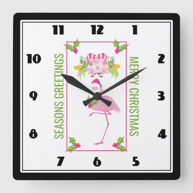 Horloge Carrée Flamant rose rose Sucres de canne Santa Hat et Hol (Recto)