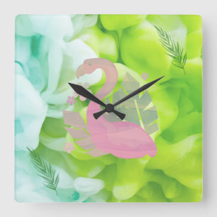 Horloge Carrée Flamant rose tropical et palmiers