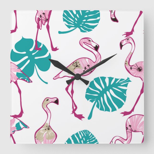 Horloge Carrée Flamants roses roses (Recto)