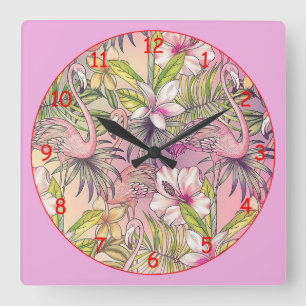 Horloge Carrée Flamants roses roses