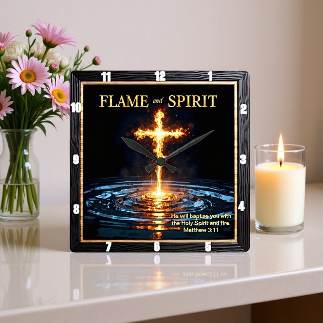 Horloge Carrée Flame Cross Water Spirit Baptism Matthew 3:11 (Créateur téléchargé)
