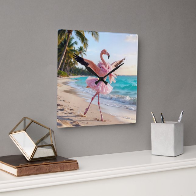 Horloge Carrée Flamingo Ballerina In a Pink Tutu On the Beach (Bureau)