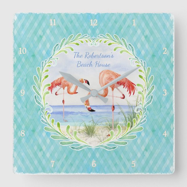 Horloge Carrée Flamingo Beach Ocean Sand Shore Aqua Blue (Recto)