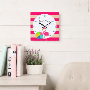 Horloge Carrée Flamingo Pink Stripe Personalized Wall Clock