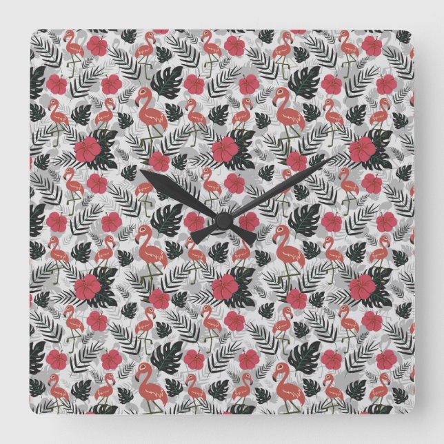 Horloge Carrée Flamingo seamless pattern with floral background (Recto)