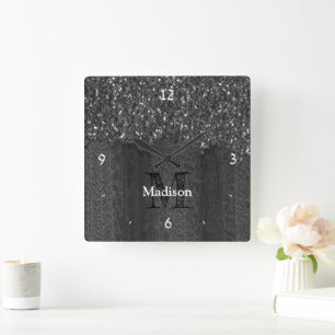 Horloge Carrée Flamme blanc noir scintille bois rustique Monogram