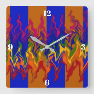 Horloge Carrée Flammes dans l'abstrait sur les couleurs des rayur