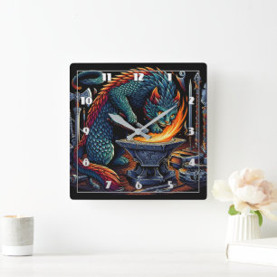 Horloge Carrée Flammes de l'artisanat : forgeron de chats au trav
