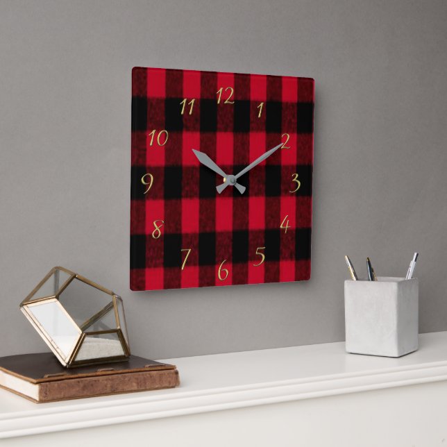 Horloge Carrée Flannel Buffalo Plaid Rouge lombard texture (Bureau)