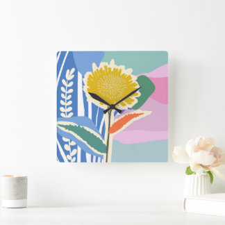 Horloge Carrée Fleur abstraite Dandelion Blocs de couleur Moderne