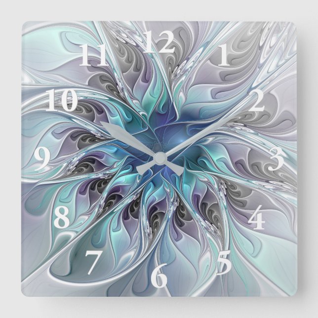 Horloge Carrée Fleur Abstraite Fractale Moderne Avec Bleu (Recto)