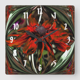 Horloge Carrée Fleur Abstraite marguerite rouge vif