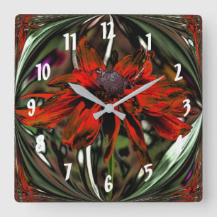 Horloge Carrée Fleur Abstraite marguerite rouge vif