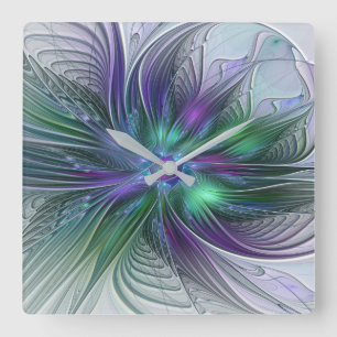 Horloge Carrée Fleur Abstraite Moderne Art Fractal Vert Violet