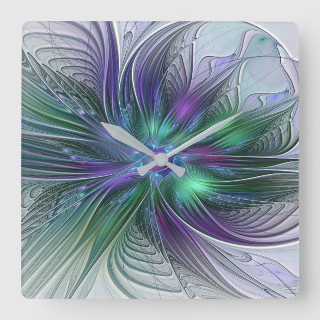 Horloge Carrée Fleur Abstraite Moderne Art Fractal Vert Violet (Recto)