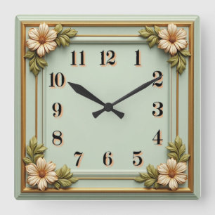 Horloge Carrée Fleur Art Déco Menthe