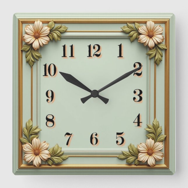 Horloge Carrée Fleur Art Déco Menthe (Recto)